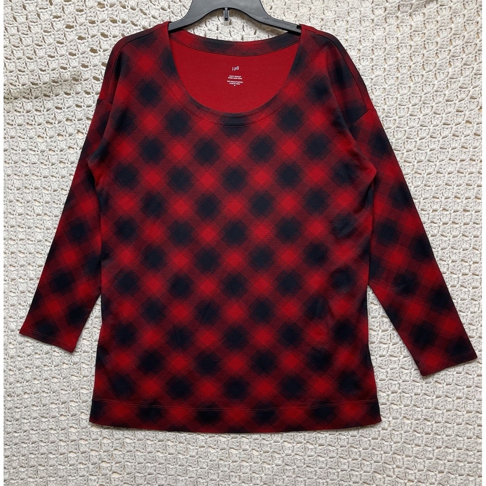 J Jill Supima Tunic Blouse Sz M Scoop Neck Red Black Plaid 100% Supima Cotton